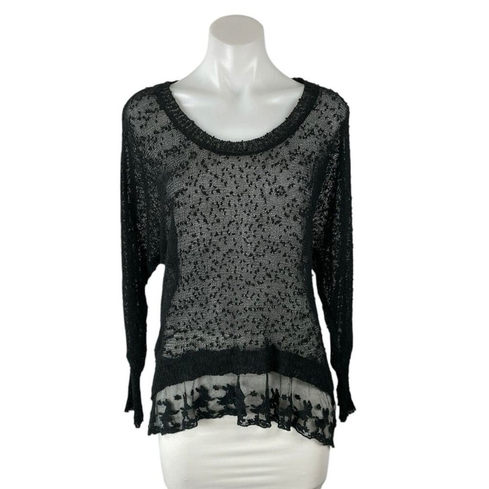 Millau Black Sheer Mesh Lace Long Sleeve Tee T-Shirt Tunic Blouse Sweater Top M